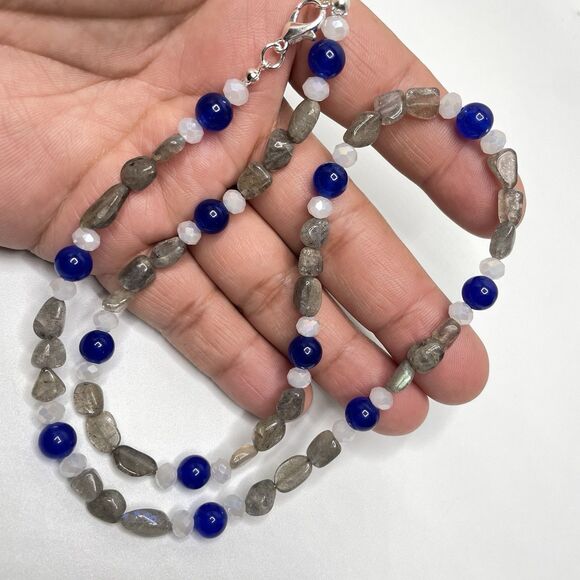 Artisan Labradorite Chip Gemstone Blue Gemstone Beaded Necklace Earrings Set - Picture 2 of 8